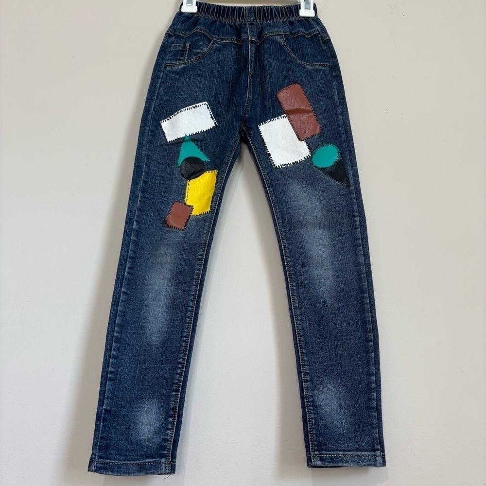 big girls patch work front denim blue pull on preppy jeans
